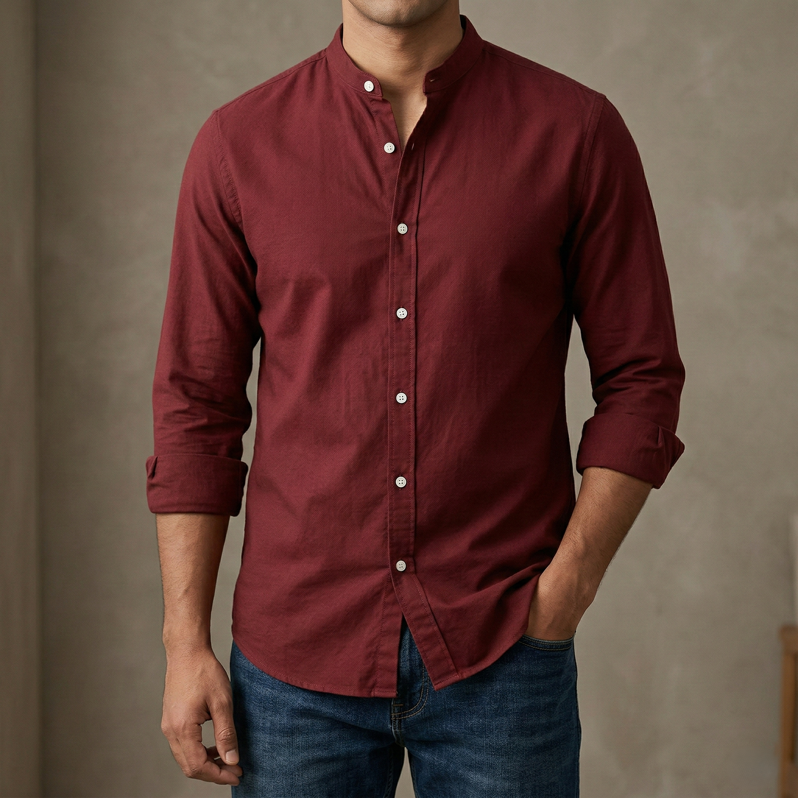 Men's Solid Colour Ban color Shirt (Light Maroon)