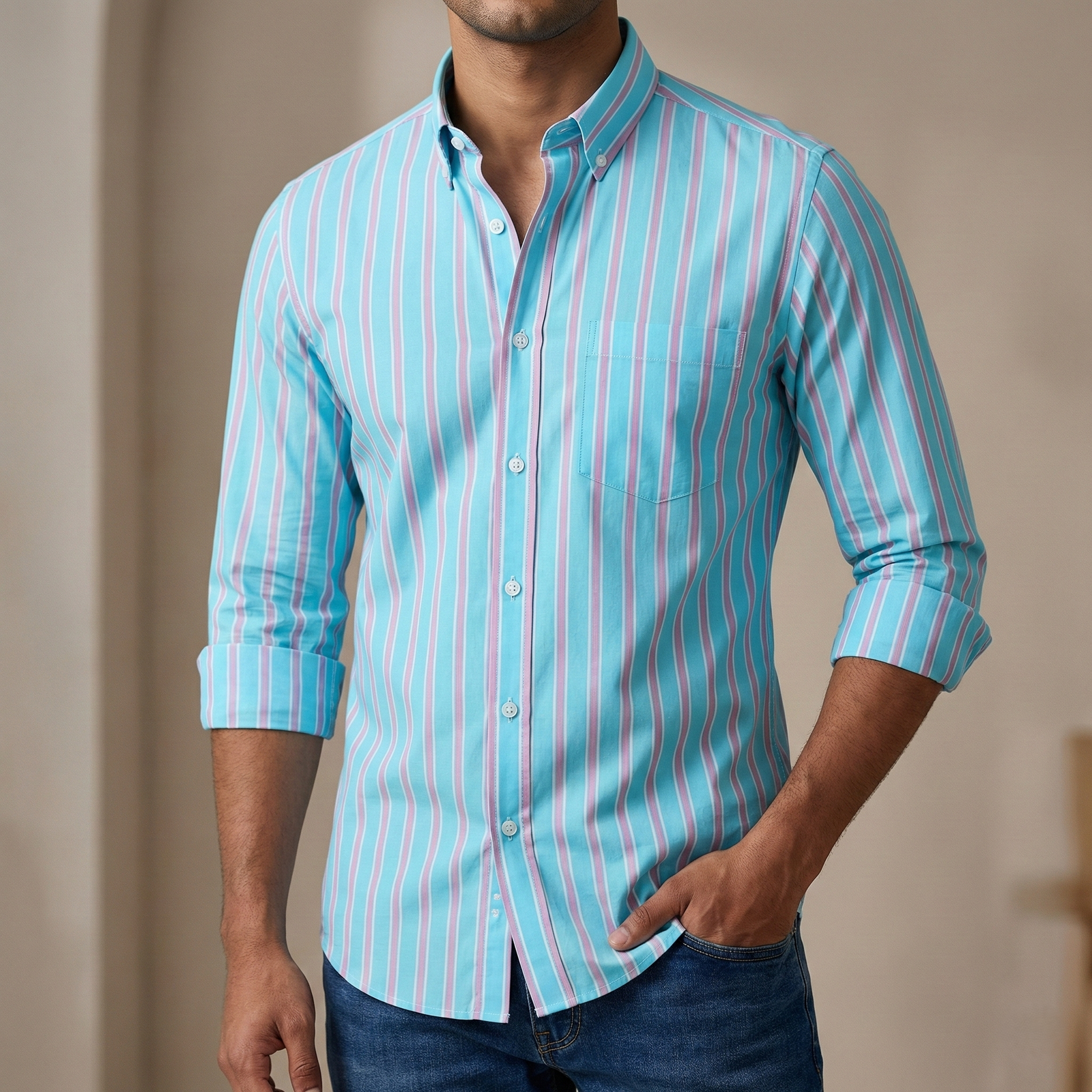 Men's long sleeve stripe / print shirt