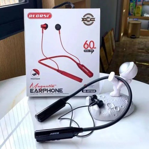 Recrsi RE-NY034 Wireless Bluetooth 5.1 Neckband with TF Card Support | 500mAh Battery, 60 Hours Playtime, Type-C Charging & Deep Bass Earphones
