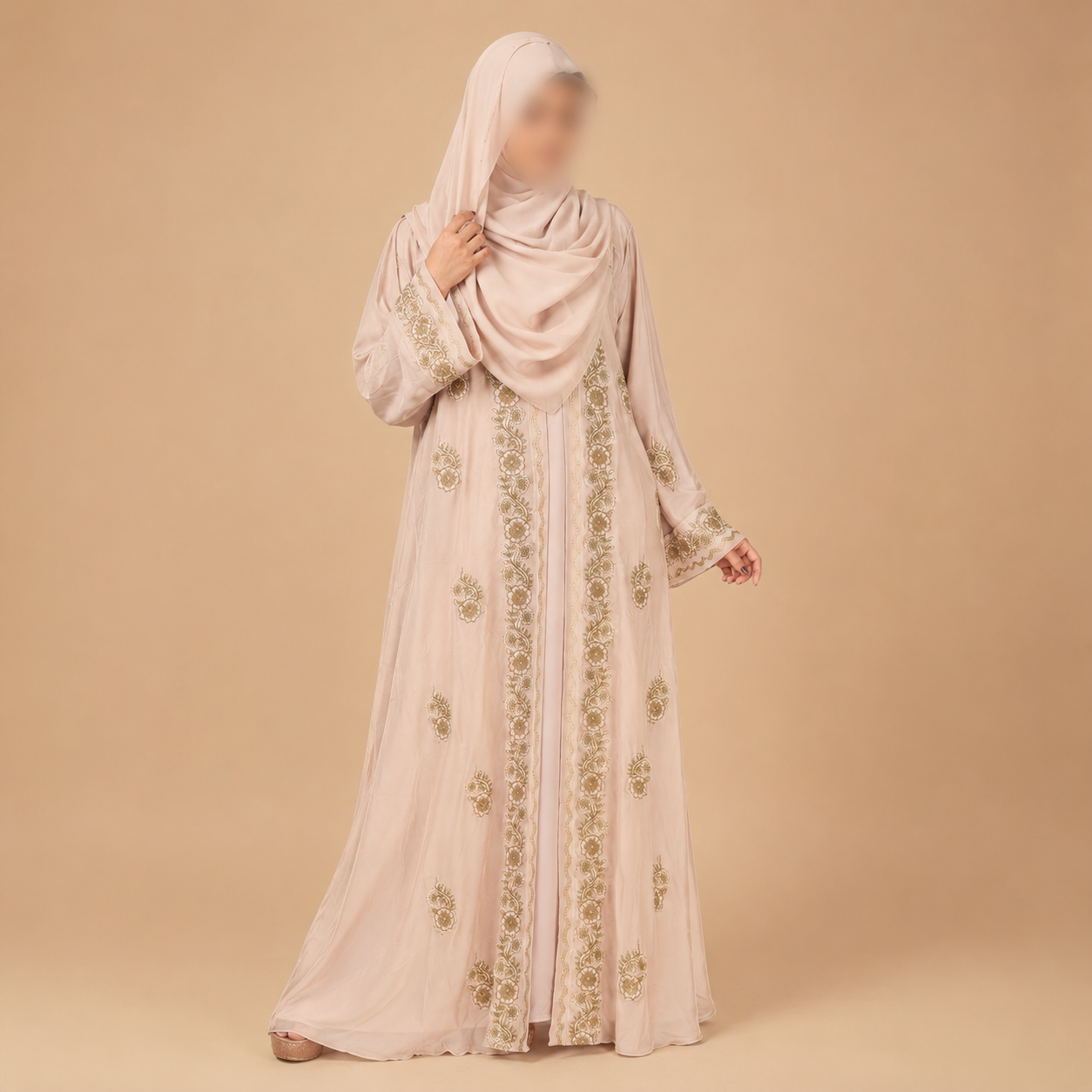 Premium Zafran Felix Luxury Abaya with Embroidery & Stone Work | Matching Hijab & Adjustable Inner | Modest Fashion Light Peach